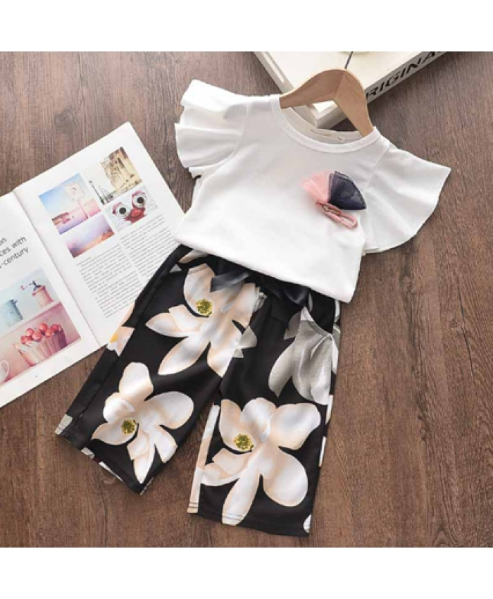 Large Flower Flying Sleeve T-shirt + Printed Pants with Belt