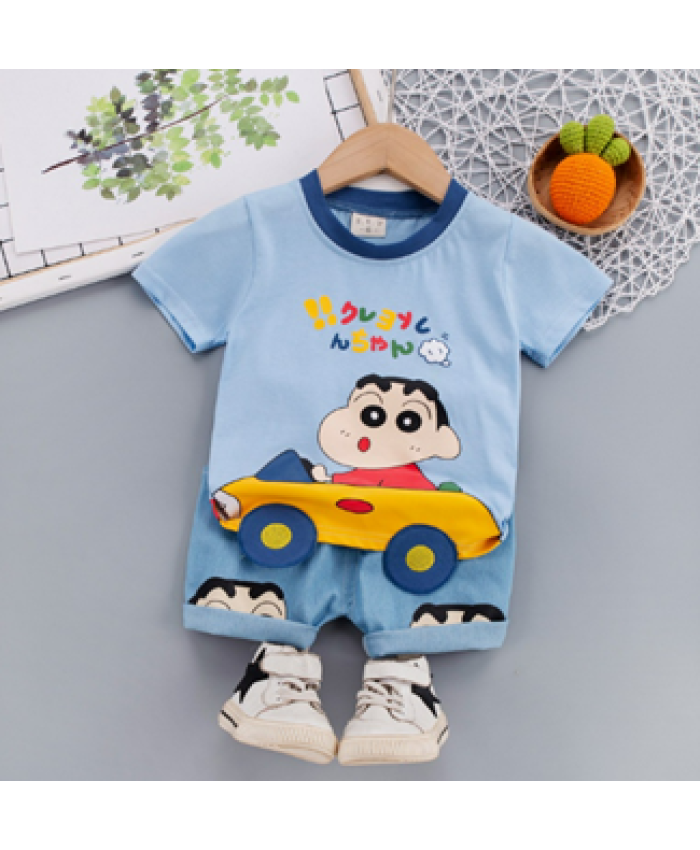 Shin-Chan pattern T-shirt + denim shorts 2-piece set