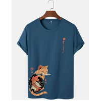 Cat & Fish Print Crew Neck Short Sleeve T-Shirts